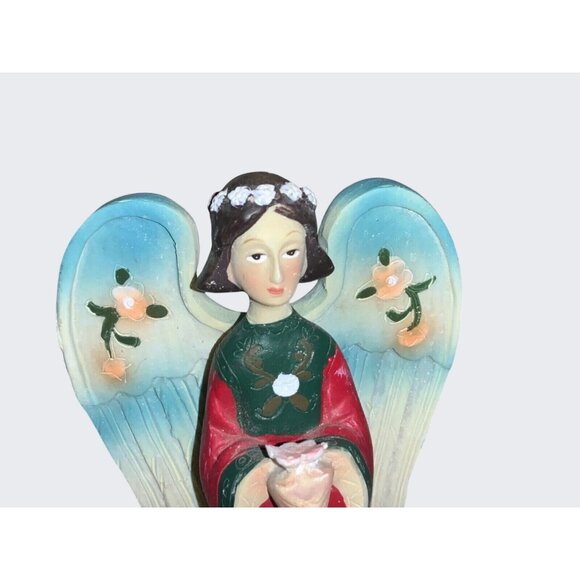 Hand-Painted Polystone Angel Figurine With Floral Details & Vibrant Colors - Picture 3 of 9